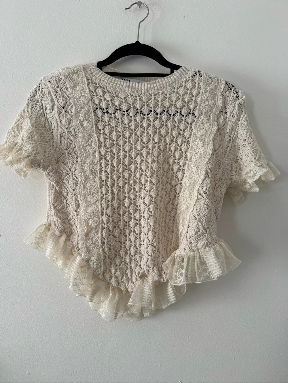 Zara Cream Lace-Knit Ruffle Hem Crop Top